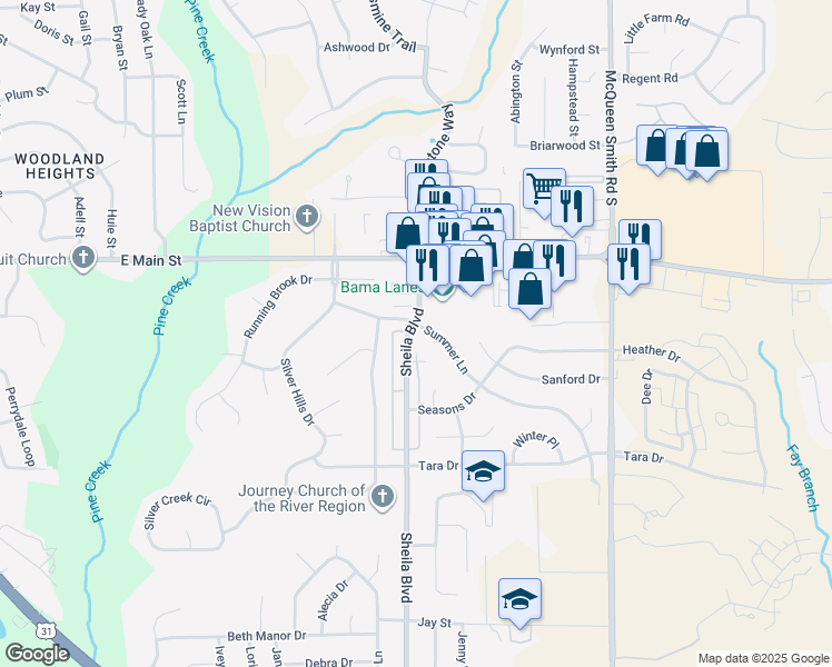 map of restaurants, bars, coffee shops, grocery stores, and more near 700 Sheila Boulevard in Prattville