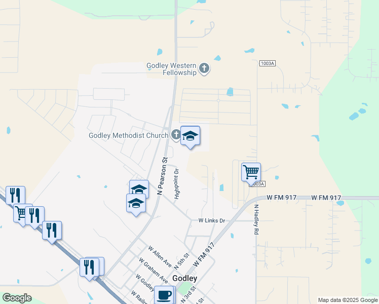 map of restaurants, bars, coffee shops, grocery stores, and more near 604 North Pearson Street in Godley