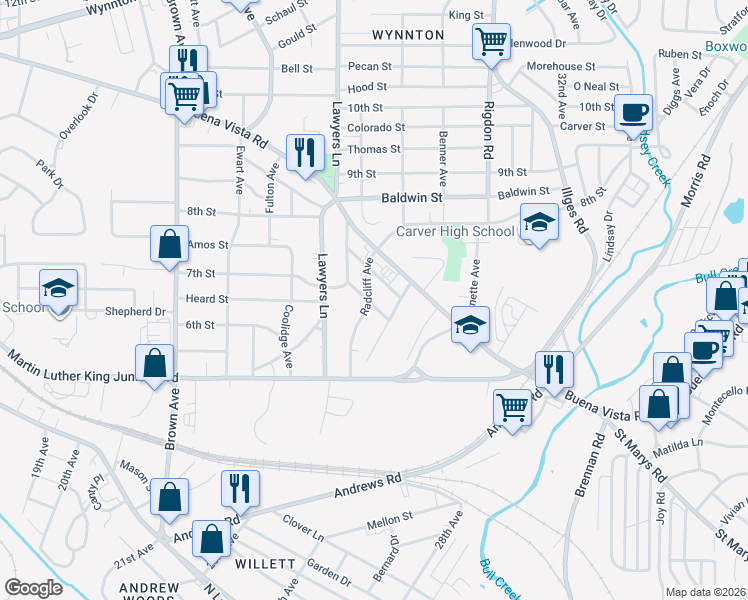 map of restaurants, bars, coffee shops, grocery stores, and more near 612 Radcliff Avenue in Columbus