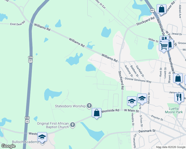 map of restaurants, bars, coffee shops, grocery stores, and more near 401 Bob White Court in Statesboro
