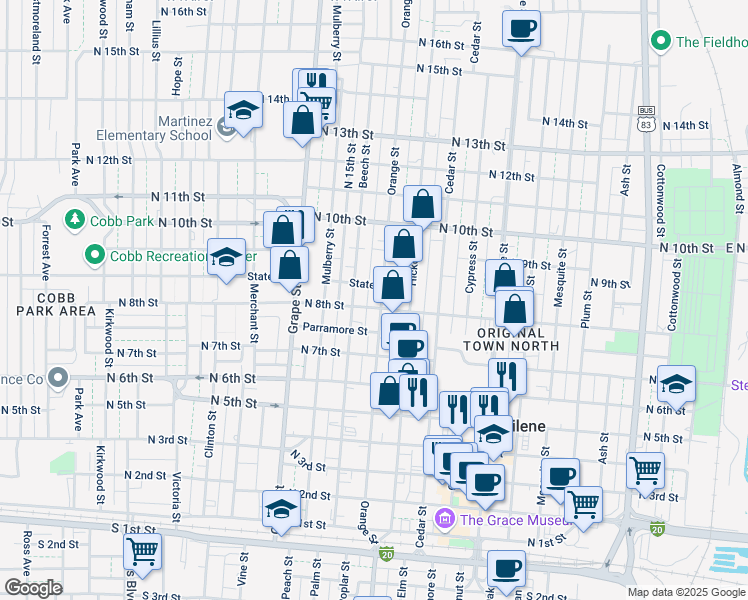 map of restaurants, bars, coffee shops, grocery stores, and more near 802 Orange Street in Abilene