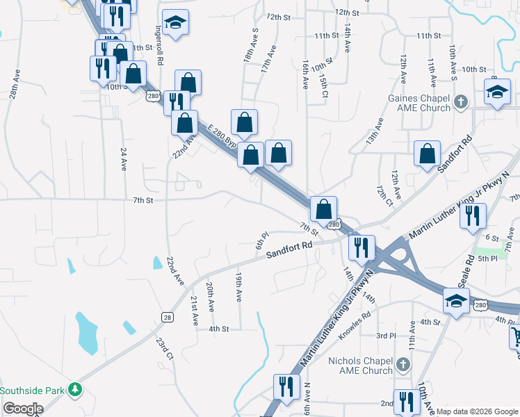 map of restaurants, bars, coffee shops, grocery stores, and more near 1803 7th Street in Phenix City
