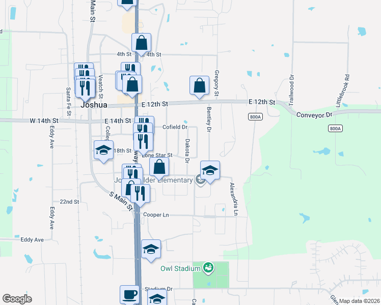 map of restaurants, bars, coffee shops, grocery stores, and more near 415 Dakota Drive in Joshua