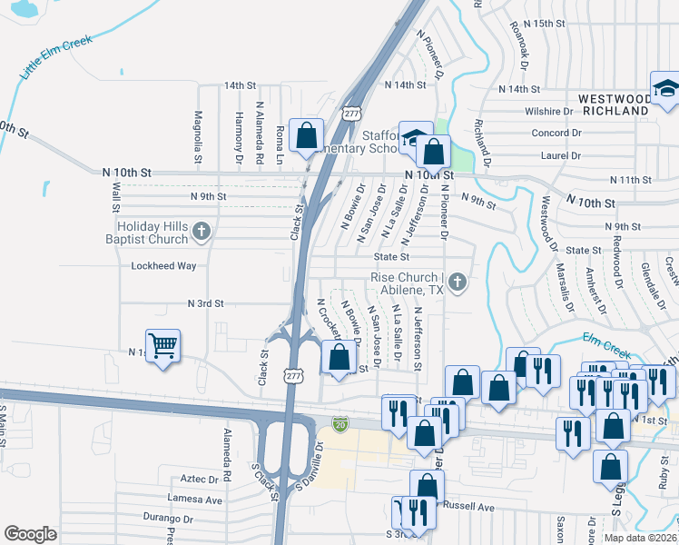 map of restaurants, bars, coffee shops, grocery stores, and more near 4701 State Street in Abilene