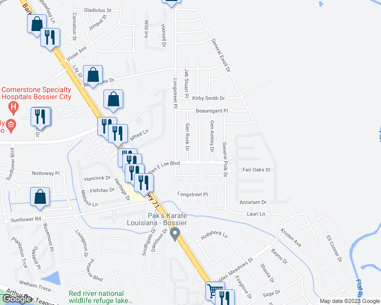 map of restaurants, bars, coffee shops, grocery stores, and more near 4929 Gen Rusk Drive in Bossier City