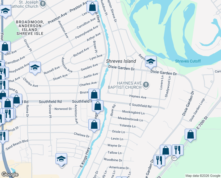 map of restaurants, bars, coffee shops, grocery stores, and more near 2043 River Road in Shreveport