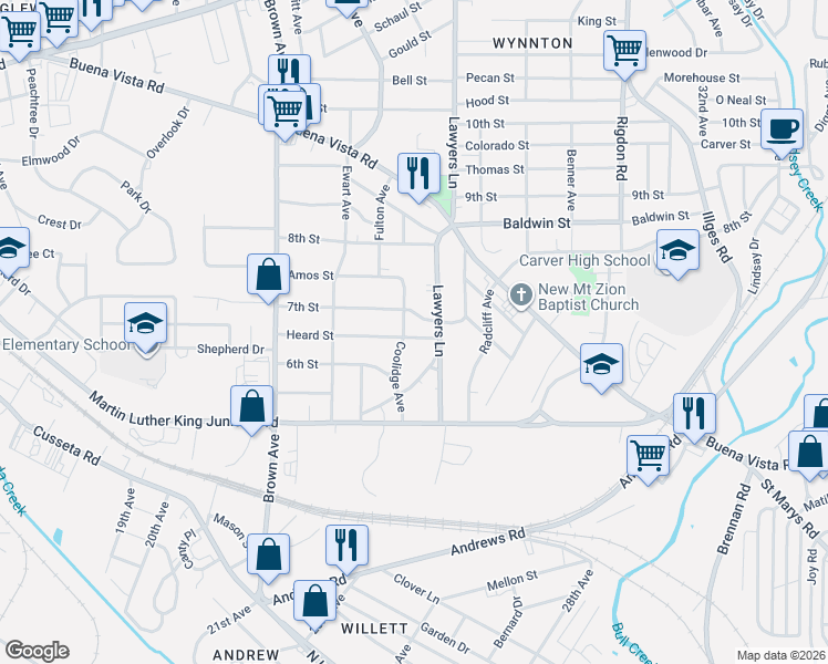map of restaurants, bars, coffee shops, grocery stores, and more near 2506 7th Street in Columbus