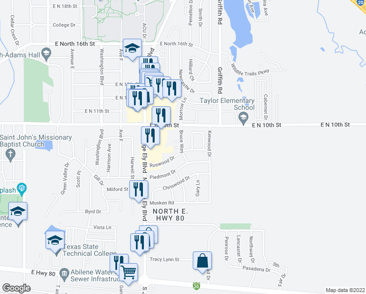 map of restaurants, bars, coffee shops, grocery stores, and more near 903 Bruce Way in Abilene