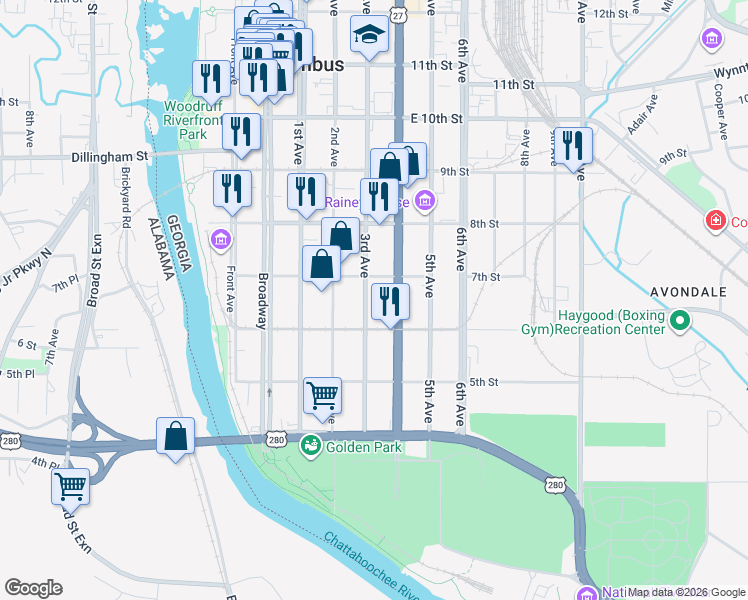 map of restaurants, bars, coffee shops, grocery stores, and more near 634 3rd Avenue in Columbus