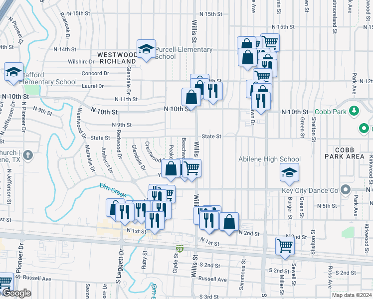 map of restaurants, bars, coffee shops, grocery stores, and more near 817 Beechwood Lane in Abilene