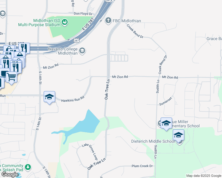 map of restaurants, bars, coffee shops, grocery stores, and more near 2260 Oak Tree Ln in Midlothian