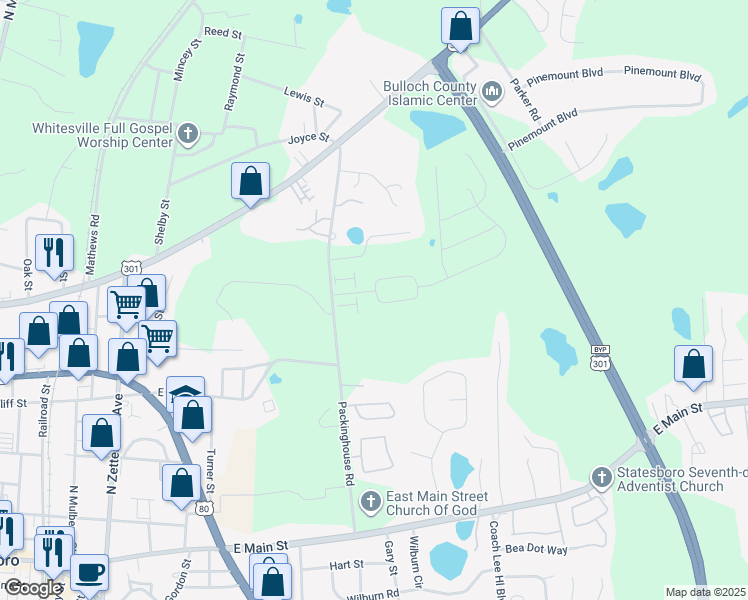 map of restaurants, bars, coffee shops, grocery stores, and more near 508 Acorn Lane in Statesboro