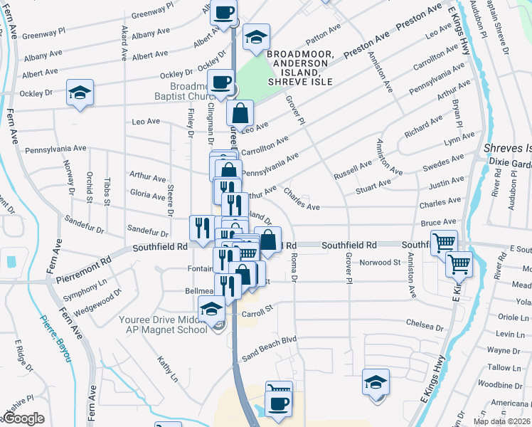 map of restaurants, bars, coffee shops, grocery stores, and more near 249 Roma Drive in Shreveport