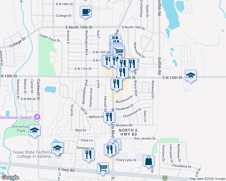 map of restaurants, bars, coffee shops, grocery stores, and more near 926 North Judge Ely Boulevard in Abilene