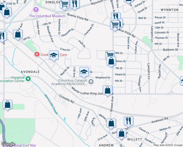 map of restaurants, bars, coffee shops, grocery stores, and more near 505 18th Avenue in Columbus