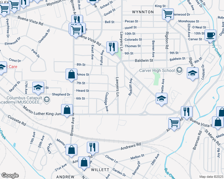 map of restaurants, bars, coffee shops, grocery stores, and more near 2506 7th Street in Columbus