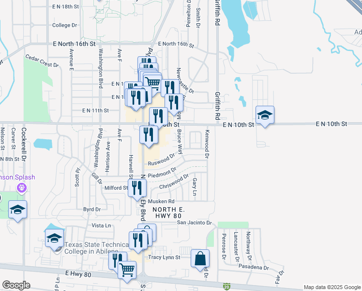 map of restaurants, bars, coffee shops, grocery stores, and more near 905 Bruce Way in Abilene