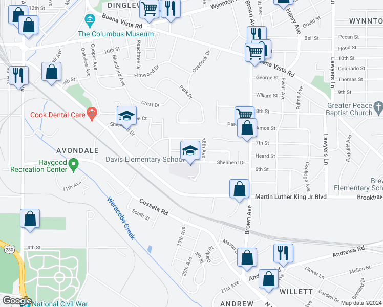 map of restaurants, bars, coffee shops, grocery stores, and more near 1816 Nina Street in Columbus