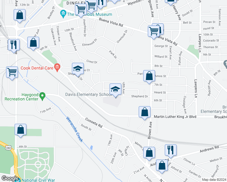 map of restaurants, bars, coffee shops, grocery stores, and more near 1804 Nina Street in Columbus