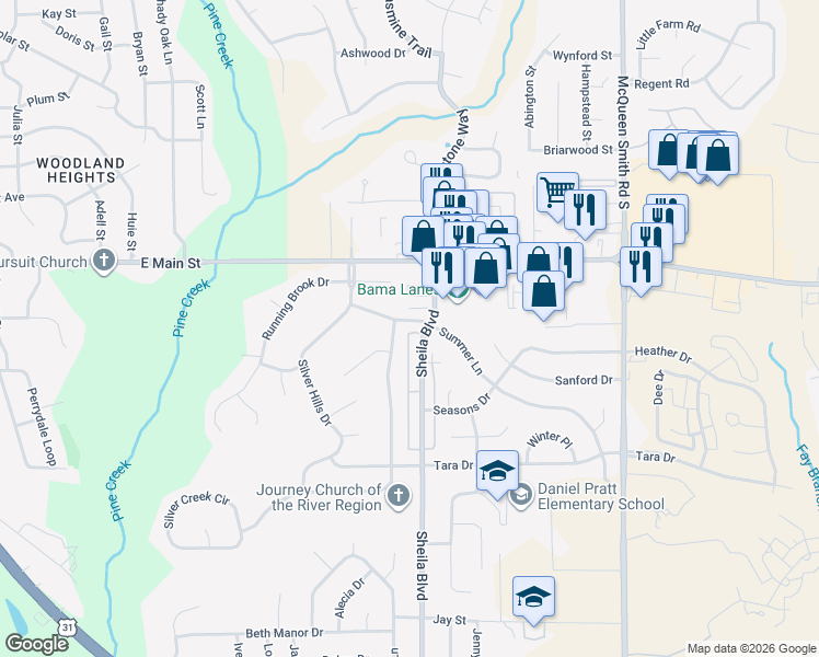 map of restaurants, bars, coffee shops, grocery stores, and more near 716 Summer Lane in Prattville