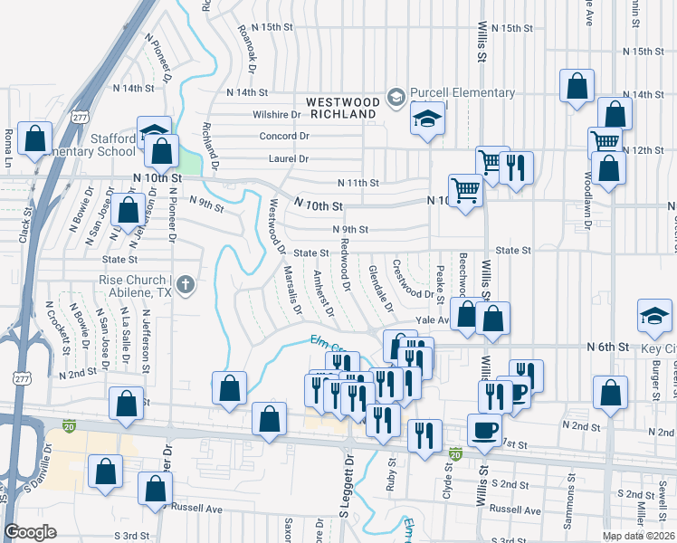 map of restaurants, bars, coffee shops, grocery stores, and more near 818 Redwood Drive in Abilene