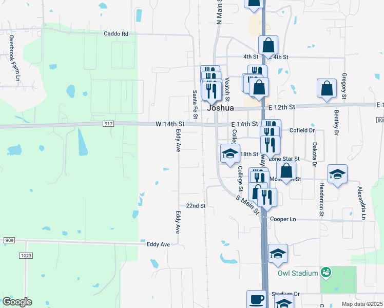 map of restaurants, bars, coffee shops, grocery stores, and more near 109 Oak Street in Joshua