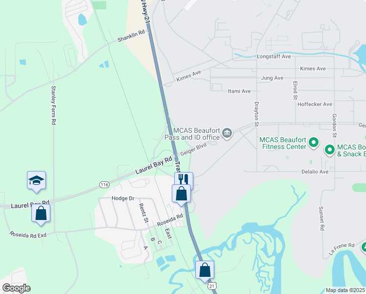 map of restaurants, bars, coffee shops, grocery stores, and more near C2 Ladys Island Drive in Beaufort
