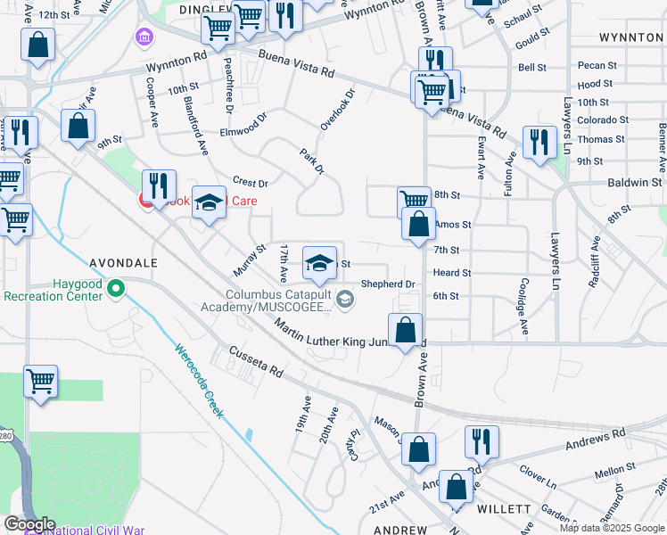 map of restaurants, bars, coffee shops, grocery stores, and more near 505 18th Avenue in Columbus