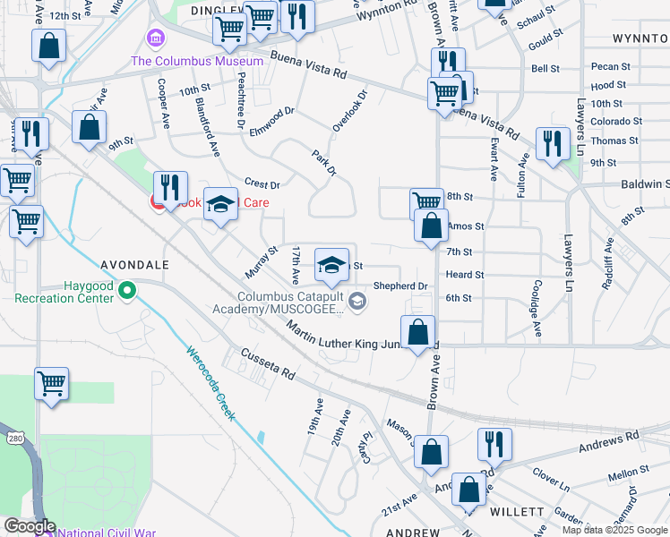 map of restaurants, bars, coffee shops, grocery stores, and more near 1818 Nina Street in Columbus