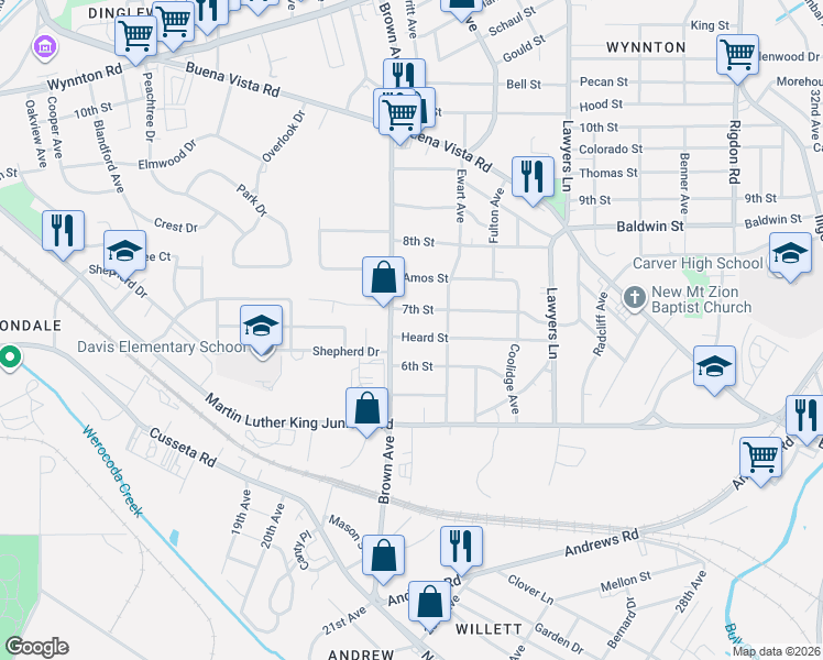 map of restaurants, bars, coffee shops, grocery stores, and more near 2117 Heard Street in Columbus