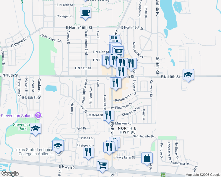 map of restaurants, bars, coffee shops, grocery stores, and more near 926 North Judge Ely Boulevard in Abilene