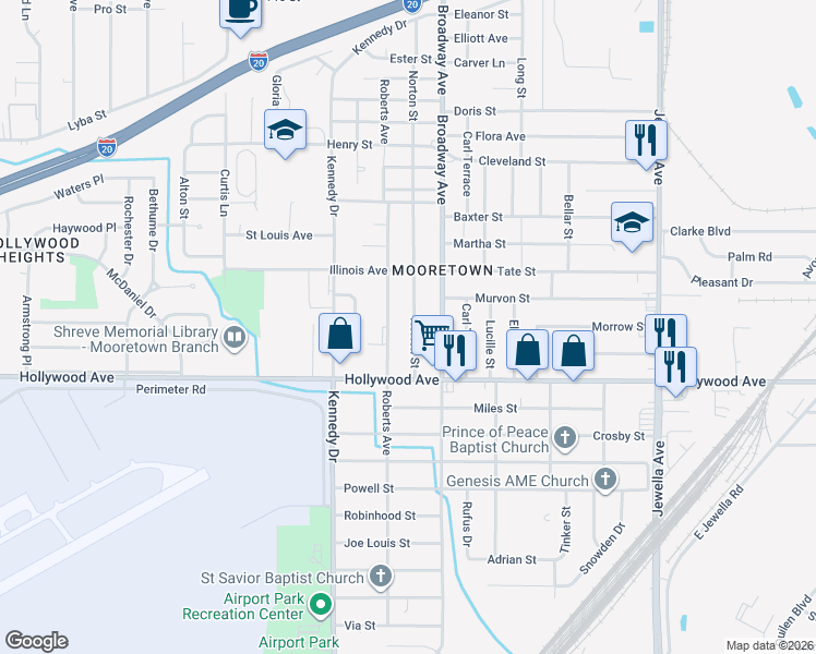 map of restaurants, bars, coffee shops, grocery stores, and more near 5522 Norton Street in Shreveport