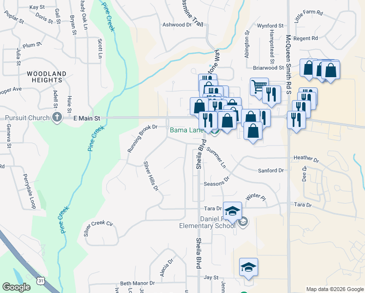 map of restaurants, bars, coffee shops, grocery stores, and more near 714-716 Summer Lane in Prattville