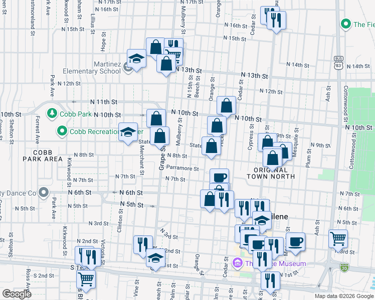 map of restaurants, bars, coffee shops, grocery stores, and more near 833 Beech Street in Abilene