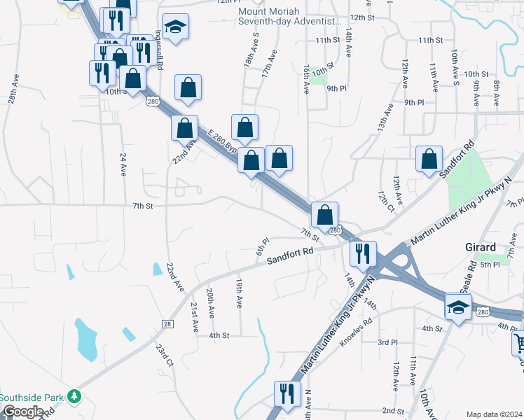 map of restaurants, bars, coffee shops, grocery stores, and more near 1801 7th Street in Phenix City