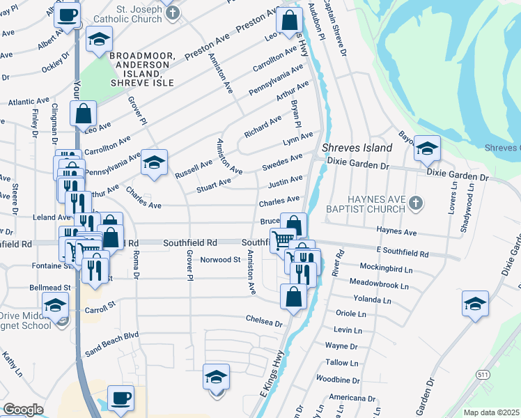 map of restaurants, bars, coffee shops, grocery stores, and more near 153 Charles Avenue in Shreveport