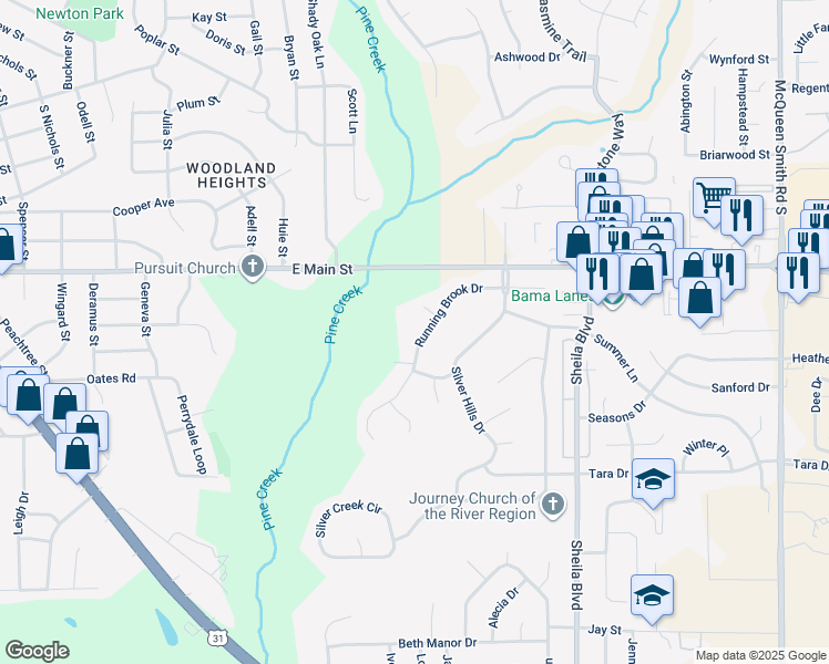 map of restaurants, bars, coffee shops, grocery stores, and more near 884 Running Brook Drive in Prattville