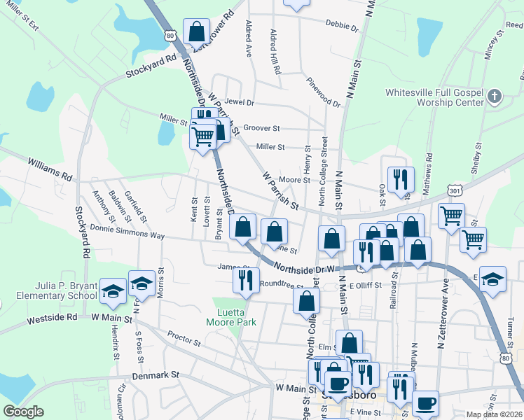 map of restaurants, bars, coffee shops, grocery stores, and more near 8 Williams Road in Statesboro