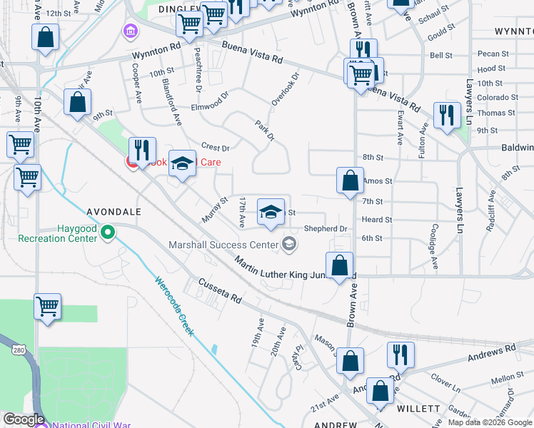 map of restaurants, bars, coffee shops, grocery stores, and more near 1803 Nina Street in Columbus