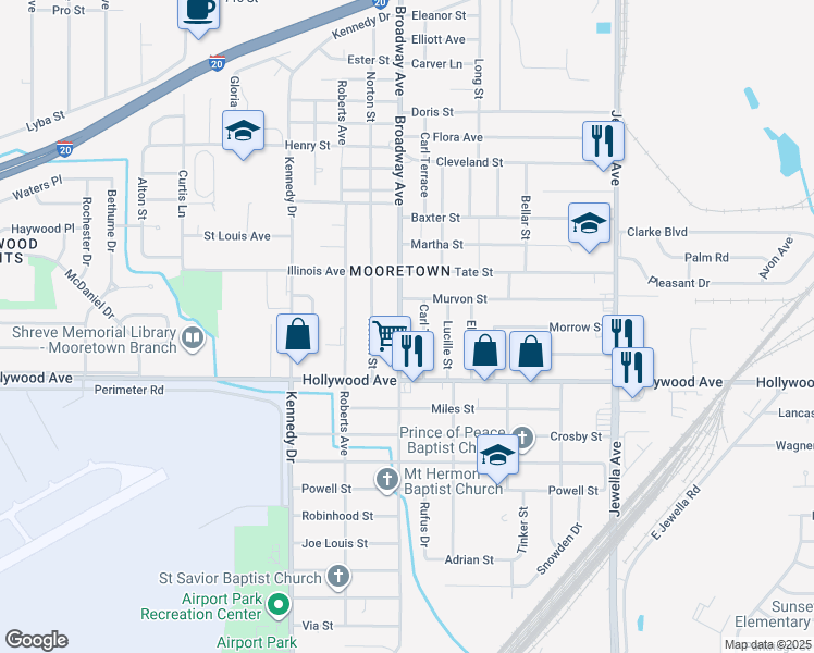 map of restaurants, bars, coffee shops, grocery stores, and more near 5513 Broadway Avenue in Shreveport