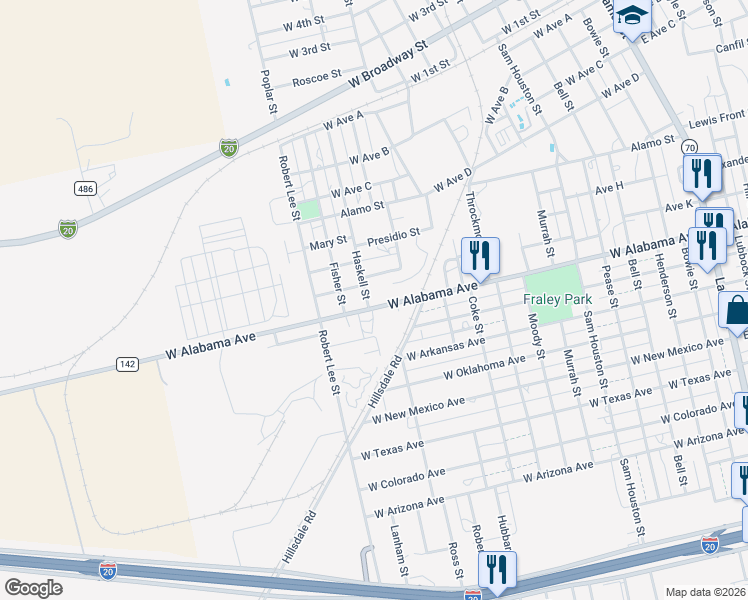 map of restaurants, bars, coffee shops, grocery stores, and more near 1220 West Alabama Avenue in Sweetwater