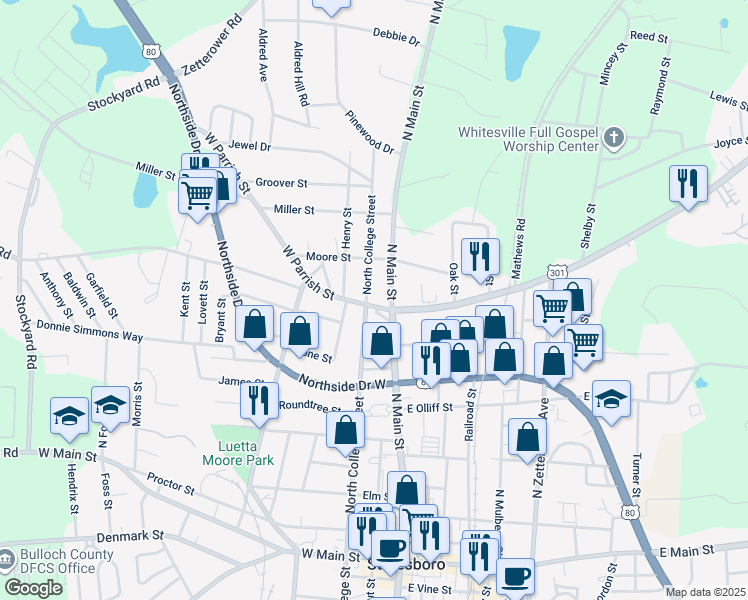 map of restaurants, bars, coffee shops, grocery stores, and more near 6 West Parrish Street in Statesboro