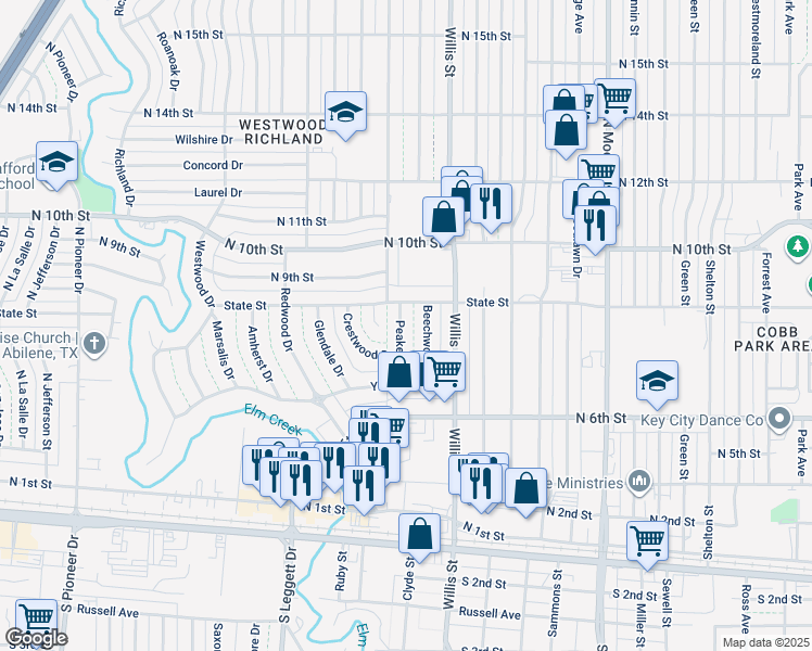 map of restaurants, bars, coffee shops, grocery stores, and more near 809 Peake Street in Abilene