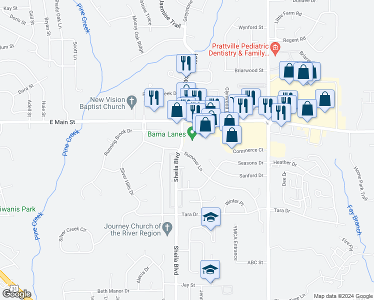 map of restaurants, bars, coffee shops, grocery stores, and more near 727 Summer Lane in Prattville