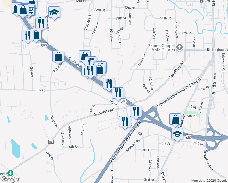 map of restaurants, bars, coffee shops, grocery stores, and more near 1500 Alabama 1 in Phenix City