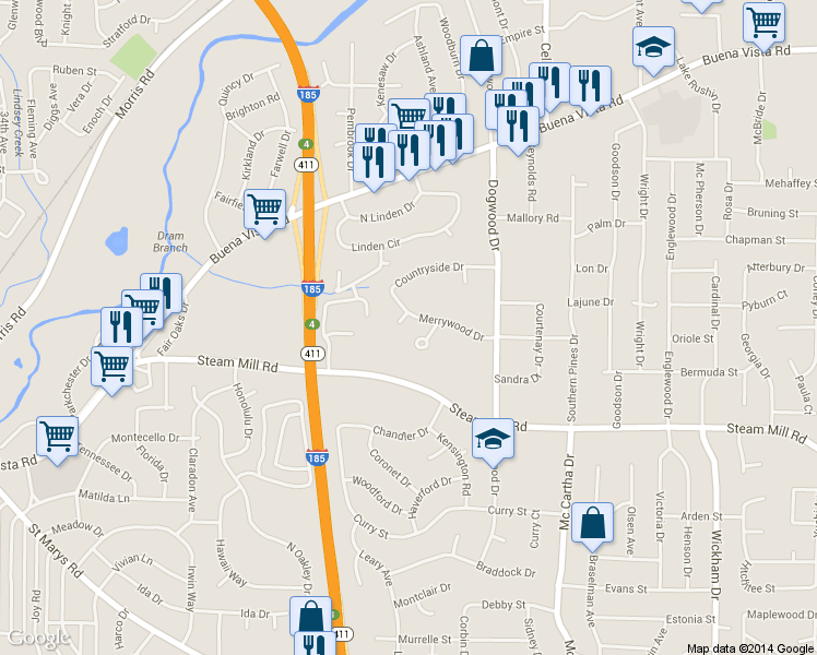 map of restaurants, bars, coffee shops, grocery stores, and more near 4020 Merrywood Court in Columbus