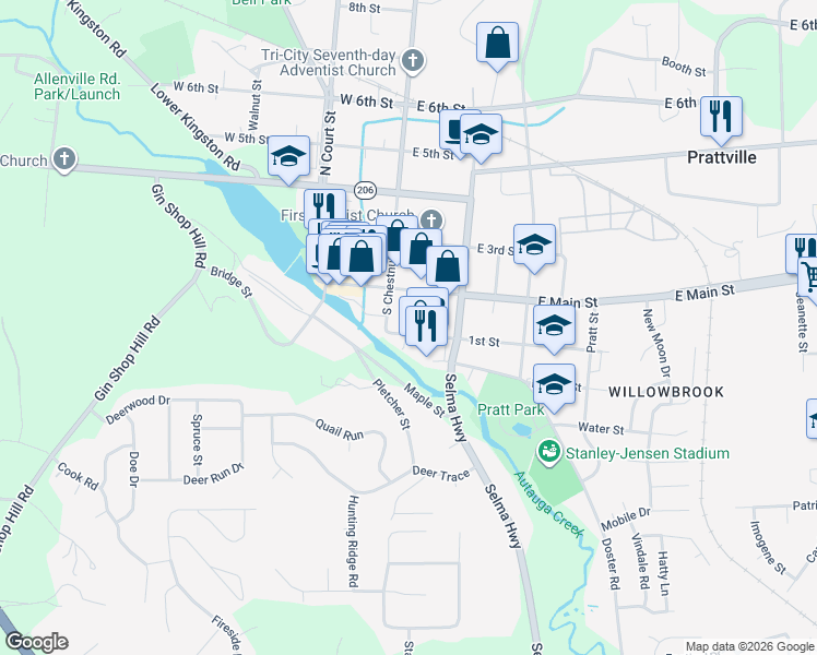 map of restaurants, bars, coffee shops, grocery stores, and more near 123 1st Street in Prattville