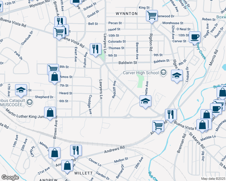 map of restaurants, bars, coffee shops, grocery stores, and more near 612 Radcliff Avenue in Columbus