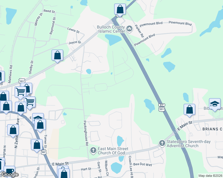 map of restaurants, bars, coffee shops, grocery stores, and more near 530 Acorn Lane in Statesboro