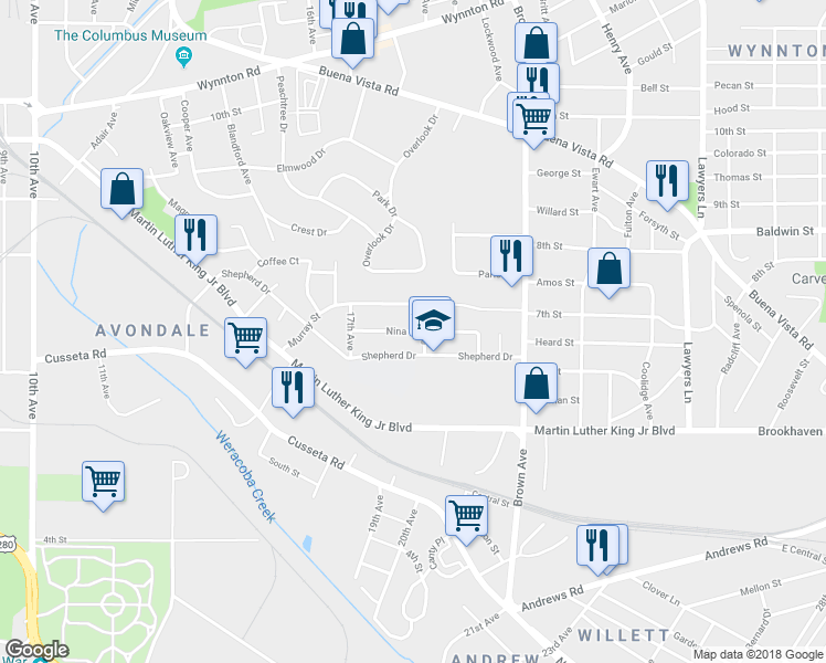 map of restaurants, bars, coffee shops, grocery stores, and more near 1836 Nina Street in Columbus